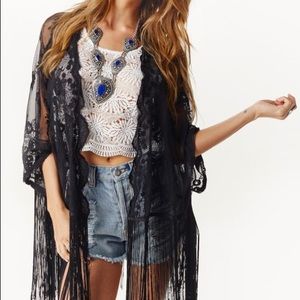 Blu Moon Black Lace Kimono with Fringe